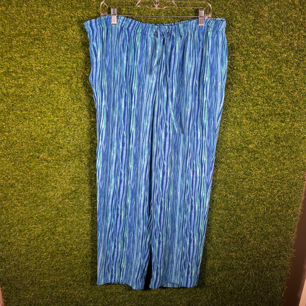 Alfred Dunner Blue Green Striped Crinkle Elastic Waist Pants Womens Plus Size 18